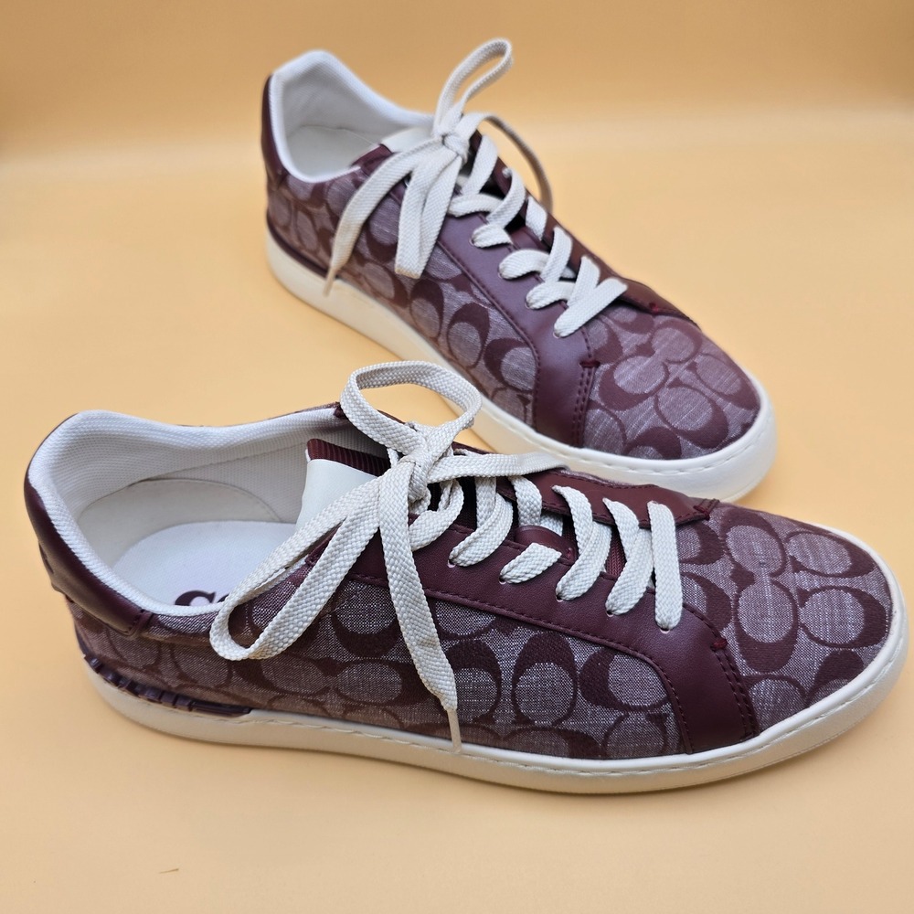 Coach Clip Low Top Sneakers Burgundy Signature Jacquard Leather CH087 Mens 9D